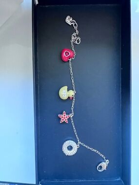 Swarovski Charm Bracelet w Yellow Duck Red Heart Red Star Green Donut Silver